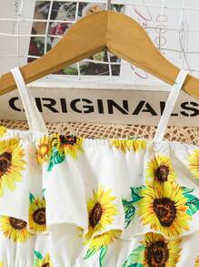 SHEIN Young Girl Sunflower Print Neckline Dress For Vacation - Yellow - View 7