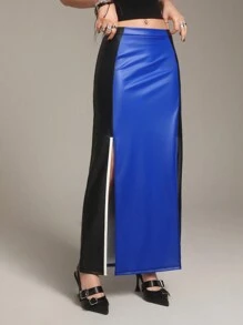 SHEINNeu Falda De Diseño De Color En Bloque De Cintura Alta Para Mujer Con Abertura