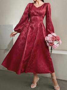 Modelyn Đầm midi thanh lịch cổ chữ V tay đèn lồng thời trang xuân/hè cho nữ quần áo năm mới Maxi trang phục nữ - Đỏ - Xem 6