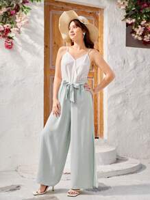 Bộ áo liền quần chân rộng cổ rộng màu khối dành cho cô gái tuổi teen có xẻ hai bên - Nhiều màu - Xem 6