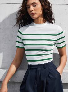 BizChic Women's Contrast Striped Stand Collar T-Shirt