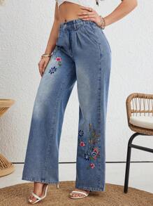 SHEIN LUNE 女士花卉刺繡口袋牛仔褲 - 中等水洗藍 - 查看 5