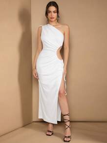 SHEIN BAE Vestido branco longo elegante e formal com um ombro só, com malha aberta, fenda alta e elegante. Vestido de formatura branco,longo, de praia e de baile. - Branco - Visão 1
