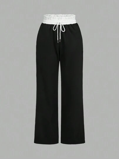 SHEIN Qutie Color Block Women's Tie Waist Long Pants