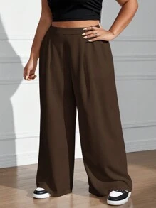 SHEIN EZwear 大尺碼女士實色百褶寬腿褲,配有口袋 - 紫紅色 - 查看 3