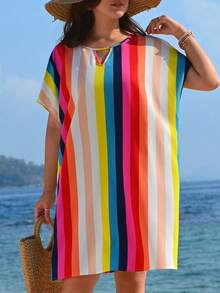 SHEIN VCAY Plus Size Women's Rainbow Striped Short Sleeve Dress With Collar And Button Detail, A-Line - Multicolor - View 3