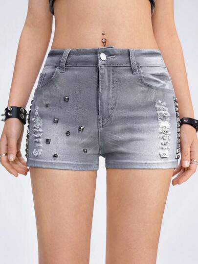 Grunge Punk Shorts En Denim Déchirés Avec Des Goujons Super Courts À Coupe Serrée À Taille Basse