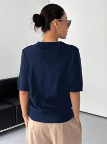 DAZY Solid Color Short Sleeve Polo Neck Loose Knit Top For Women Summer - Navy Blue - View 2