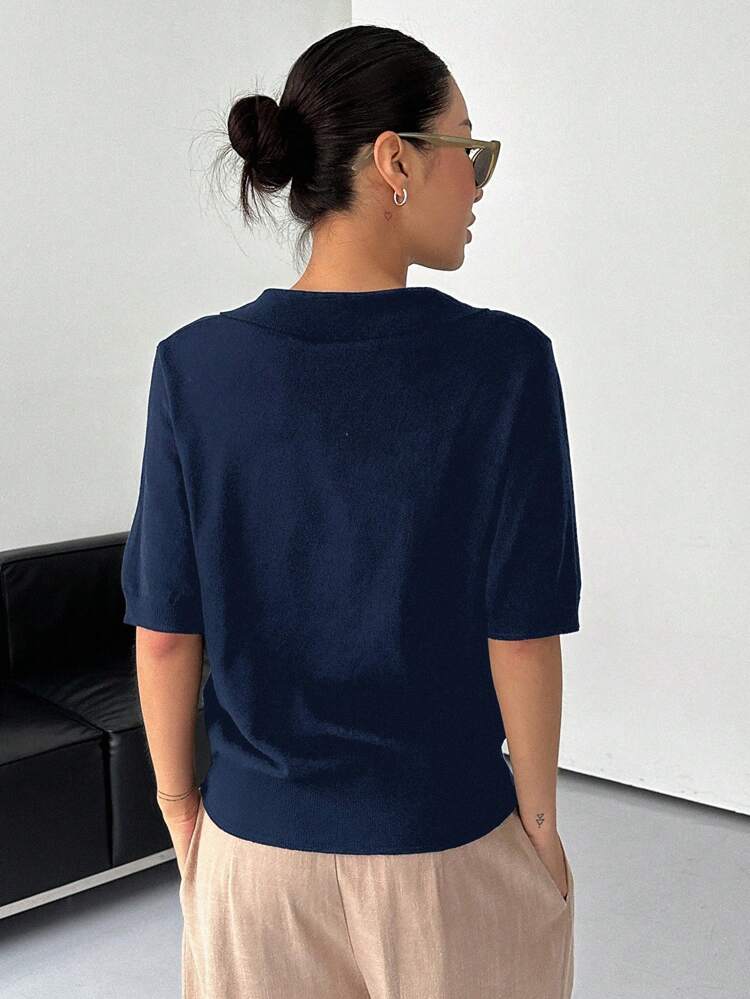 Solid Color Short Sleeve Polo Neck Loose Knit Top For Women Summer