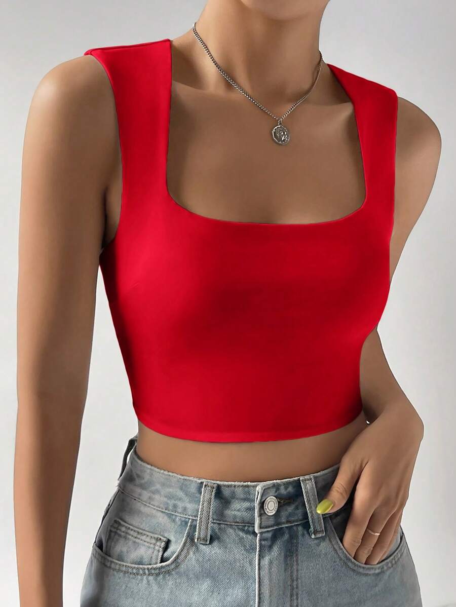 SHEIN EZwear Balletcore Solid Crop White Tank Top - Red - View 1