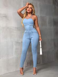 SHEIN SXY Overol De Mezclilla Ajustado Con Correas Y Detalles De Huecos