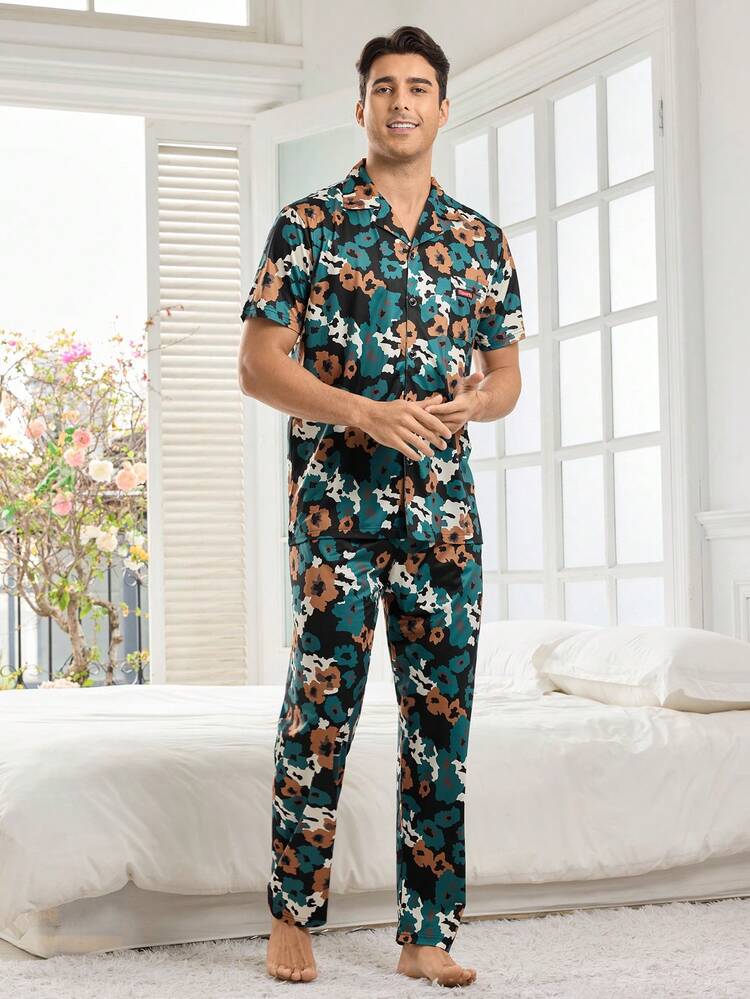 Men's Full Print Short Sleeve Shirt & Long Pants Home Wear Set