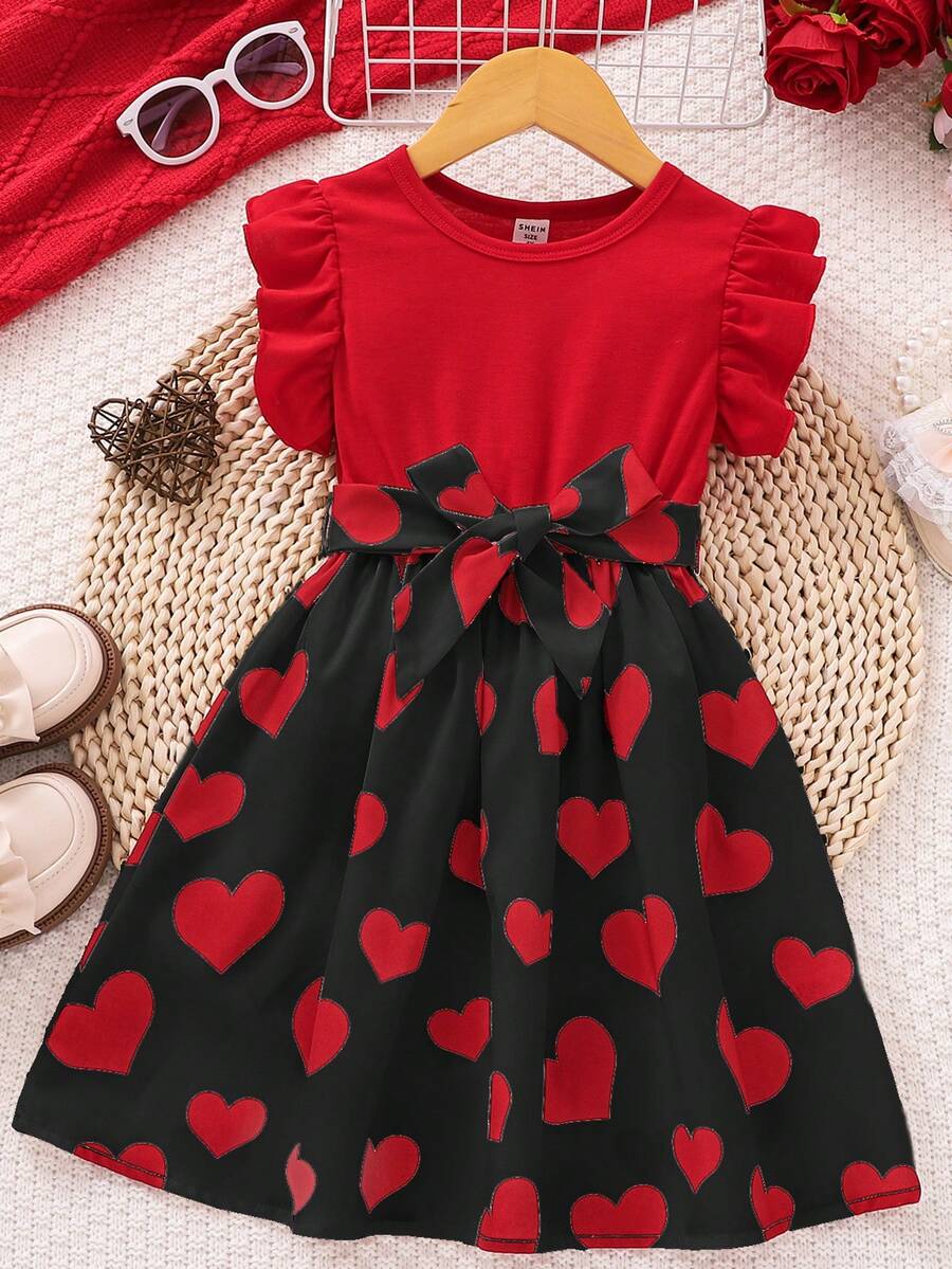 SHEIN Vestido corto de manga corta con volantes en color rojo y negro en bloque para niña joven con escote estilo corazón - Rojo y negro - Ver 1