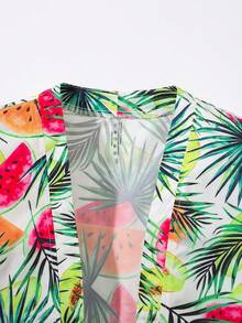 SHEIN 3入組/套少年休閒度假風格熱帶植物印花寬鬆短袖泳衣,帶帽寬鬆泳裝短褲,編織泳裝 - 綠色 - 查看 3