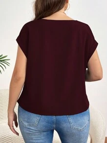 SHEIN Frenchy Plus Size Women's Twist Knot Hem Batwing Short Sleeve V Neck Blouse - Burgundy - View 2