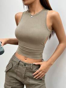 SHEIN EZwear Mùa hè Màu xám Y2K Không lưng Quần skinny Áo ba lỗ Áo Áo ba lỗ - Màu Khaki - Xem 4