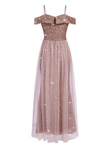 SHEIN Belle Glitter Mesh Cold Shoulder Neckline & Mermaid Hem Dress For Holiday Party Clothes Maxi Sequin Women Outfit - Dusty Pink - View 2
