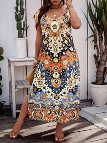 Váy xẻ gấu in hoa cổ điển cỡ lớn cho nữ, trang phục đi nghỉ - Màu vàng - Xem 3