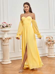 SHEIN Belle Ladies' Off Shoulder Split Bridesmaid Dress - Yellow - View 4