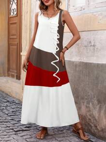EMERY ROSE Sleeveless Printed Color Block Dress For Women, Pocket-Free, Summer Maxi Women Outfit