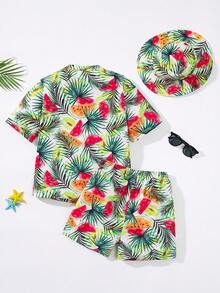 SHEIN 3入組/套少年休閒度假風格熱帶植物印花寬鬆短袖泳衣,帶帽寬鬆泳裝短褲,編織泳裝 - 綠色 - 查看 2