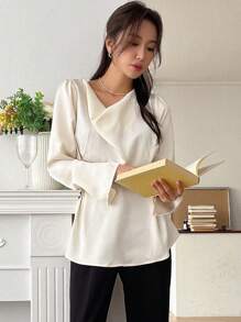 DAZY Áo cánh cổ xếp ly màu trơn dành cho nữ, phong cách công sở thường ngày, tay dài - Màu be - Xem 2