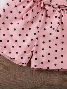 SHEIN Young Girl Cartoon Print Flutter Sleeve Top + Polka Dot Print Shorts + Belted 2pcs/Set, Fashionable And Adorable For Spring/Summer