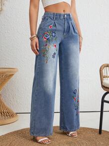 SHEIN LUNE 女士花卉刺繡口袋牛仔褲 - 中等水洗藍 - 查看 6