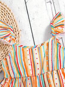 SHEIN Cute Baby Girl Colorful Striped Flutter Sleeve Top Elastic Waist Solid Shorts Set For Summer - Orange - View 6