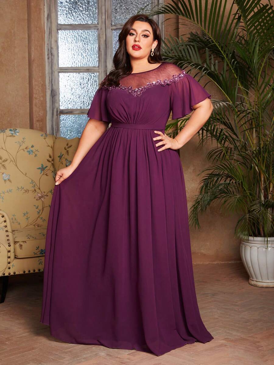Plus Size Sequin & Mesh Patchwork V-Neck Chiffon Maxi Bridesmaid Dress - Purple - View 1
