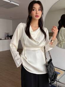 DAZY Áo cánh cổ xếp ly màu trơn dành cho nữ, phong cách công sở thường ngày, tay dài - Màu be - Xem 5