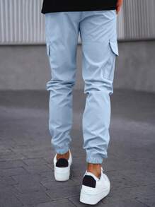 Manfinity Homme Men's Letter Patch Cargo Style Pants With Pockets And Elastic Cuffs, For Fall - Baby Blue - View 2