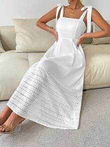 Chiquease 純色接搭中空刺繡無袖連衣裙 - 白色 - 查看 4