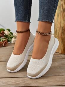 女士一脚蹬休闲运动鞋，女士针织乐福鞋轻便防滑平底舒适步行鞋 - 米色 - 查看 3