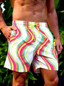 Manfinity Men's Wave And Stripe Patterned Beach Vacation Shorts