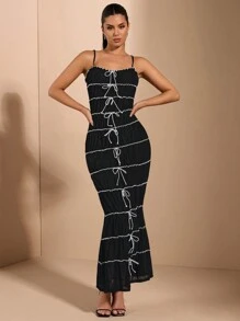 SHEIN BAE 黑色網眼透視與對比色波邊蝴蝶結裝飾長款性感優雅連身裙