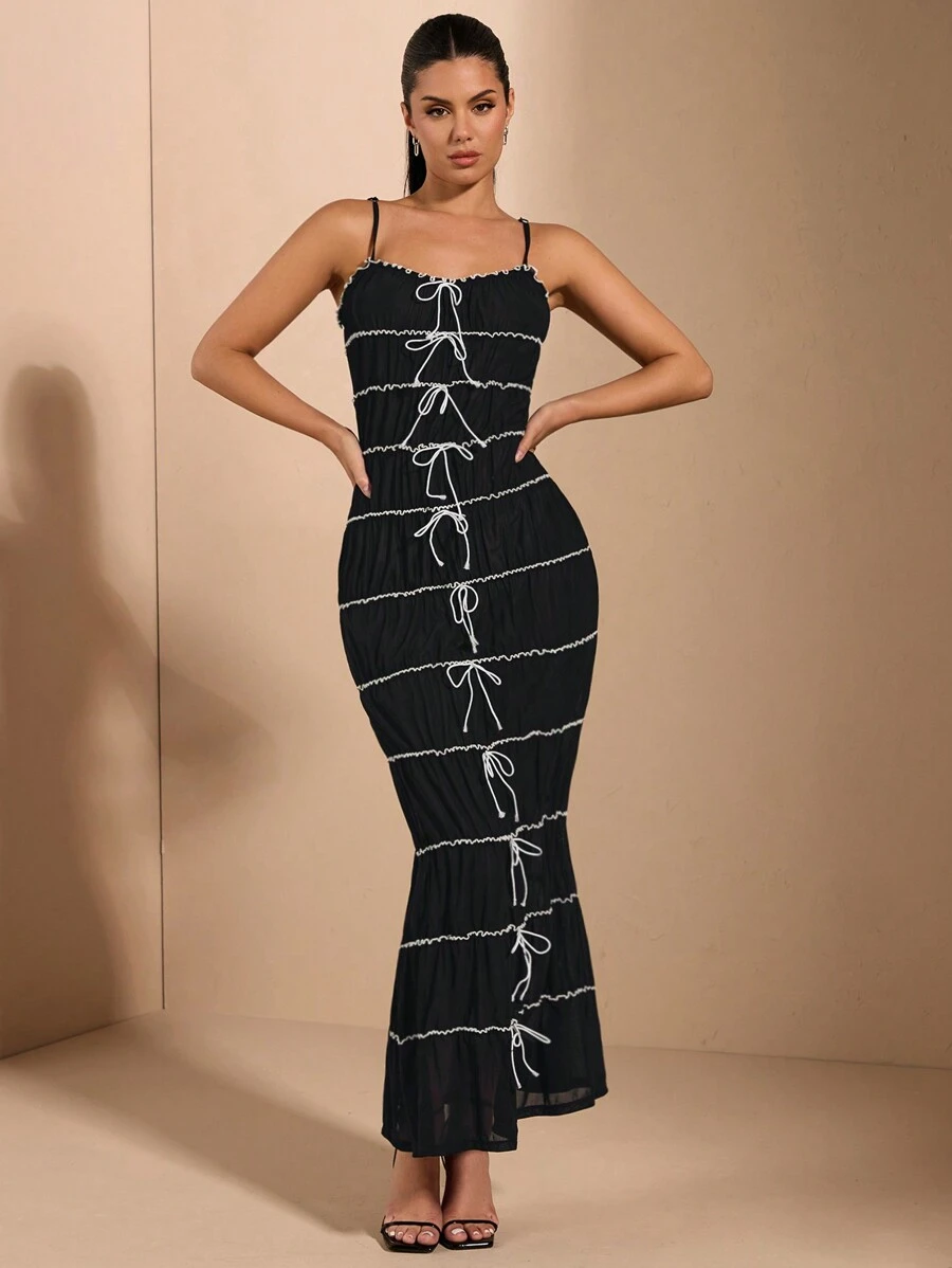 SHEIN BAE 黑色網眼透視與對比色波邊蝴蝶結裝飾長款性感優雅連身裙