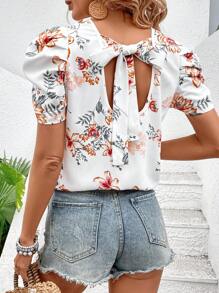 SHEIN VCAY Của phụ nữ In hoa Vòng cổ Ngắn Ống tay áo Áo sơ mi - trắng - Xem 2