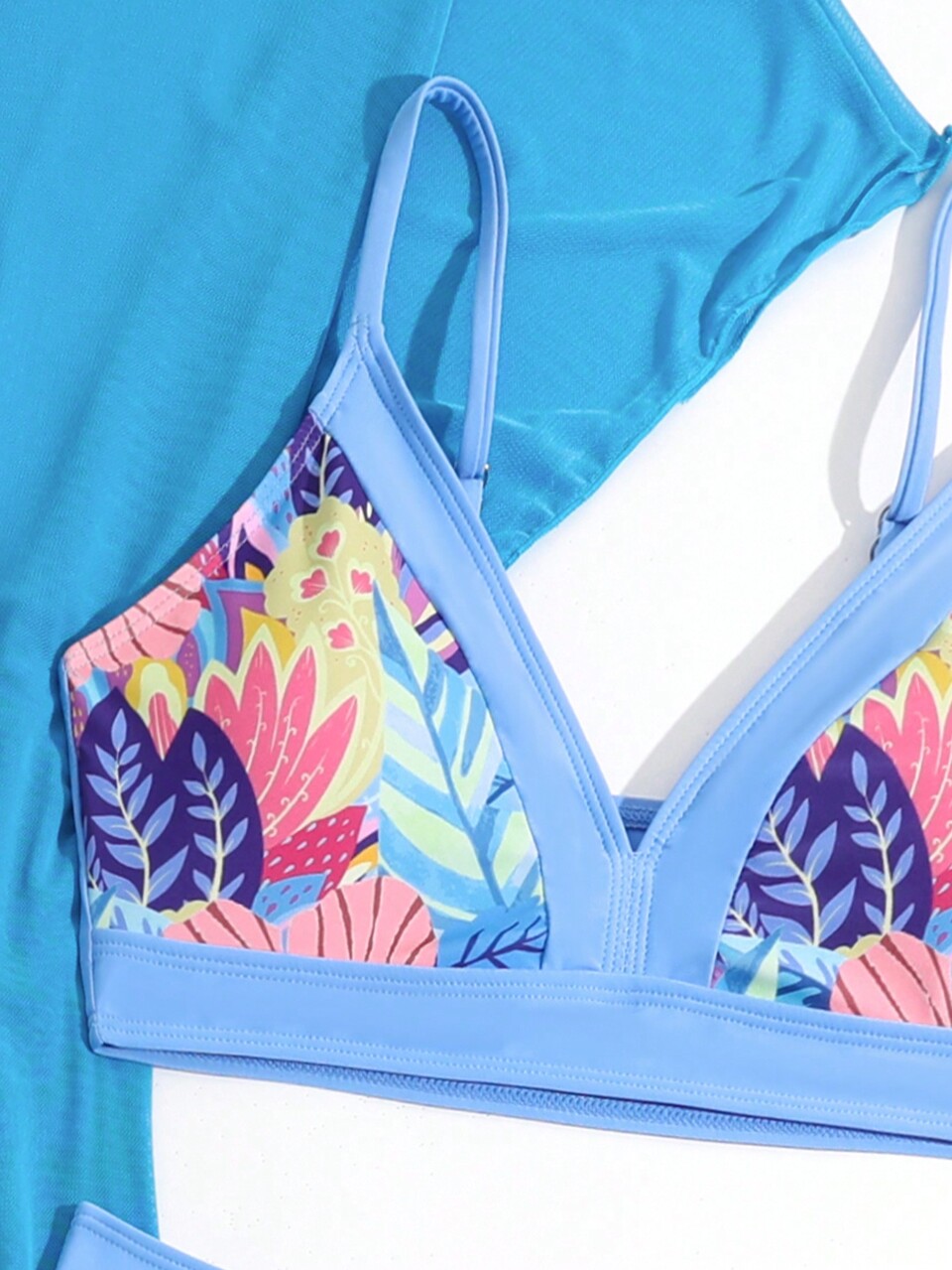 Teen Girl Solid Color Mesh Cover-Up With Plant Print Bikini Set Summer Swimming,Beach 3 Pieces Swimwear Matching Set Summer Beach
