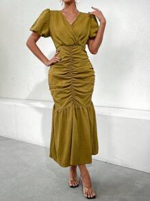 Modelyn Women'S Solid Color Wrap Style Pleated Dress