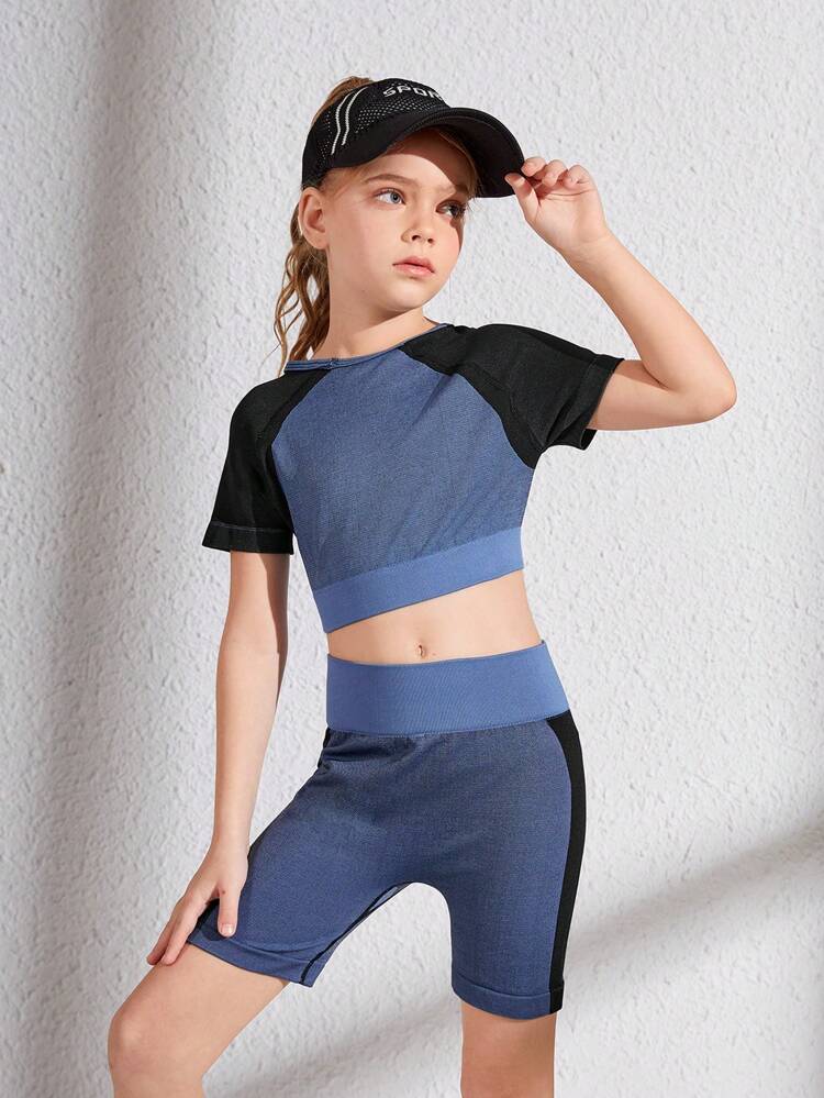 Tween Girls' Sporty Blue Short Sleeve And Short Set For Fitness, Summer, Peach Hips, Blue Short Sleeve And Shorts For Outdoor Activities