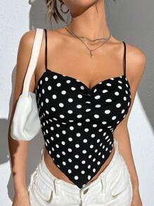 SHEIN EZwear Polka Dot Knitted Asymmetrical Women's Casual Tank Top With Spaghetti Straps - Black and White - View 1