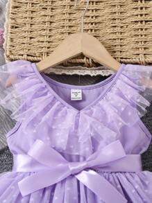 Glamorique Kids Young Girl V-Neck Mesh Dress With Ruffles And Pleats