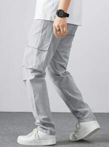 Manfinity Homme Men's Drawstring Waist Cargo Pants Long Plain Light Grey Going Out, For Fall - Grey - View 2