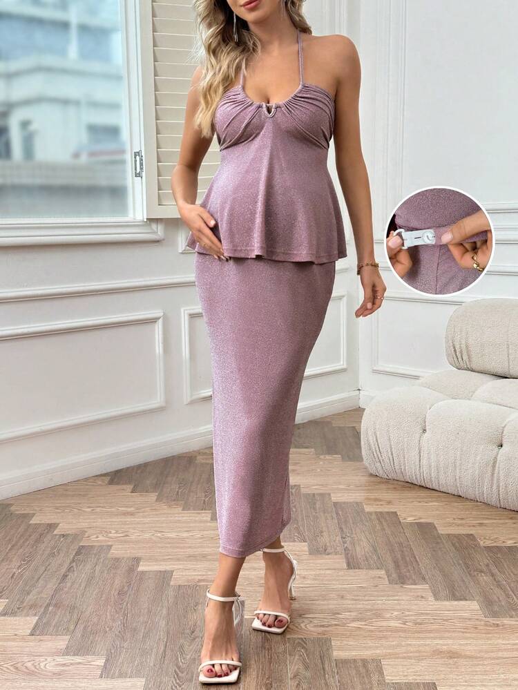 Maternity Fashionable Drawstring Halter Top & A-Line Skirt Two Pieces Set