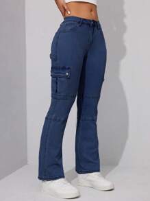 女式修身工裝牛仔褲 - 藍色 - 查看 4