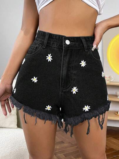 SHEIN ICON Daisy Embroidery Raw Hem Denim Shorts