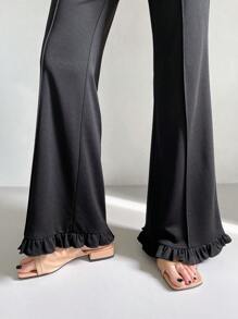 FRIFUL Women's Solid Color Toothpick Slim Fit Flare Pants With Ruffled Hem
