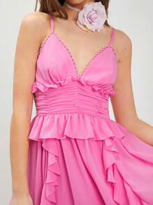 Enchnt Women's Solid Color Ruffle Trim Pleated Empire Waist Strap Dress - Pink - View 5