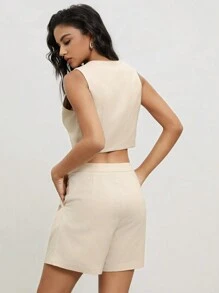 Anewsta Chaleco De Traje Y Conjunto De Shorts De Lino Con Botones En La Parte Frontal Y Escote En V